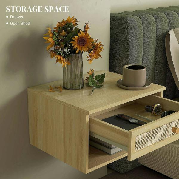 Natural wood-effect bedside table with open shelf and rattan-front drawer