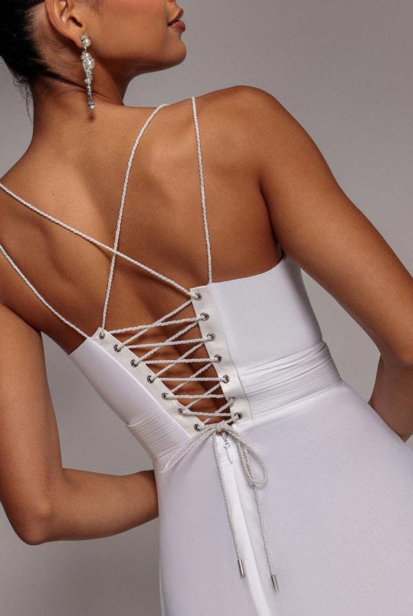 Chiffon Cowl Twisted Rope Strap Lace-up Flared Maxi Dress - Ivory DR4937