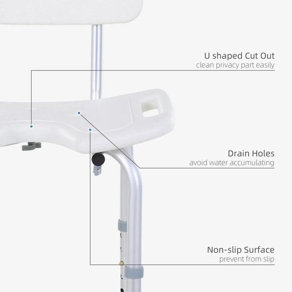 White bath stool chair detail: contoured seat, drain holes, and non-slip surface