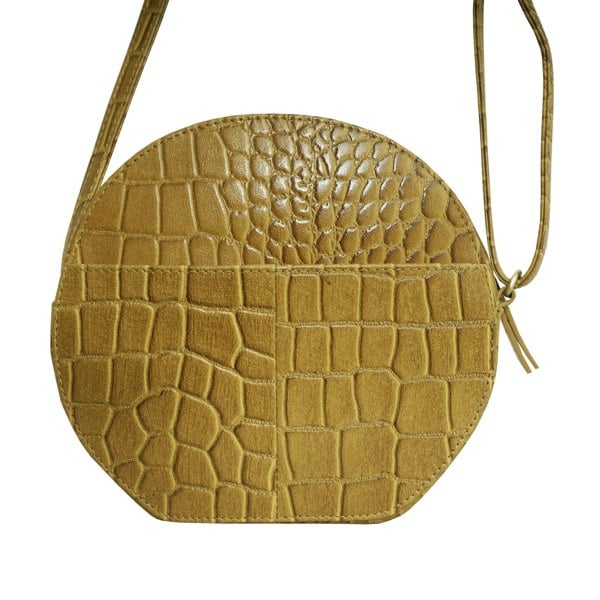 Assots London 'Jane' Mustard Croc Leather Round Designer Crossbody Bag