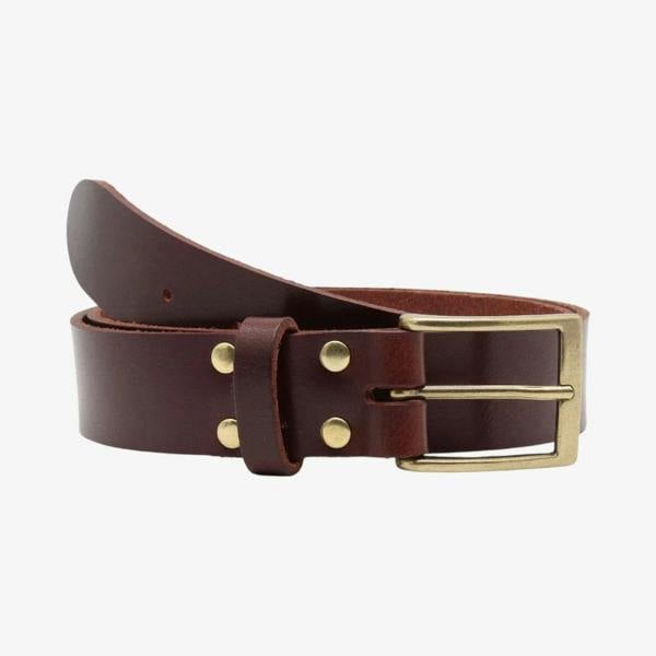 Brown leather belt with gold buckle and studs on a white background