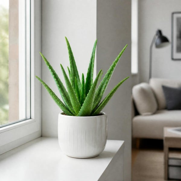 Aloe Vera Plant 12cm Pot for Indoors - Medicinal Houseplant - Glossy White Ceramic Pot - 1
