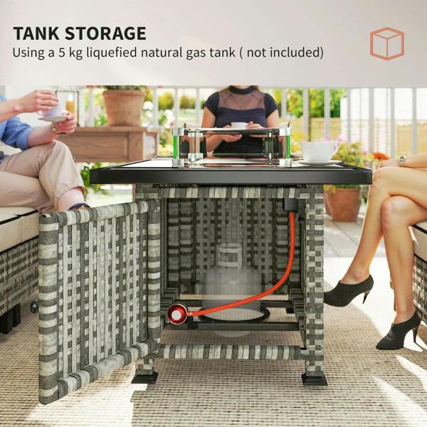 Grey rattan gas fire pit table with open tank storage compartment and gas hose