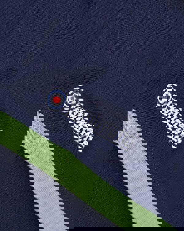 Lambretta Mens Festival Ringer Casual Retro Soul SKA T-Shirt, close-up of the navy blue fabric with the embroidered Lambretta logo and a green trim.