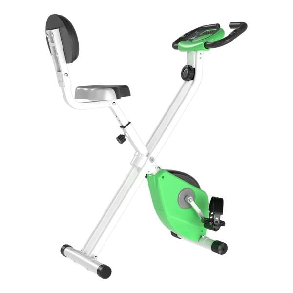 Green folding indoor exercise bike with LCD console and padded handlebars
