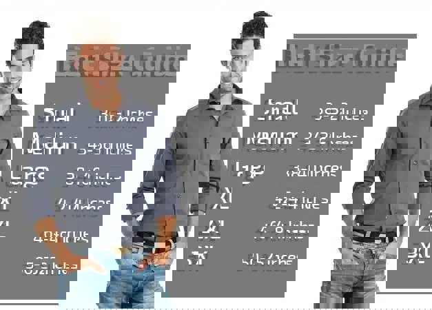 man wearing a belt next to a chart showing belt sizes