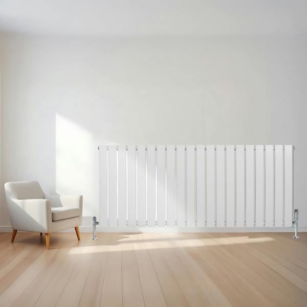Flat white single column radiator, 600 x 1400mm, sleek design with vertical slats, positioned against a light wall and wooden floor