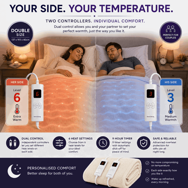 Sweet Dreams Luxury Fleece Electric Blanket Double Size, Machine Washable Underblanket, Digital Control, Overheat Protection