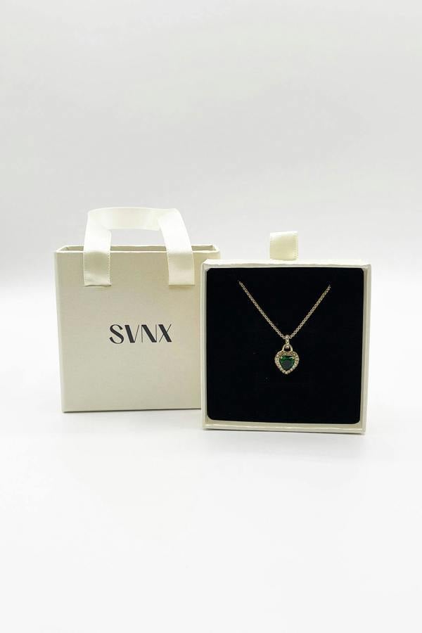 SVNX Emerald Green Diamante Heart Necklace in Gold - Gift Boxed
