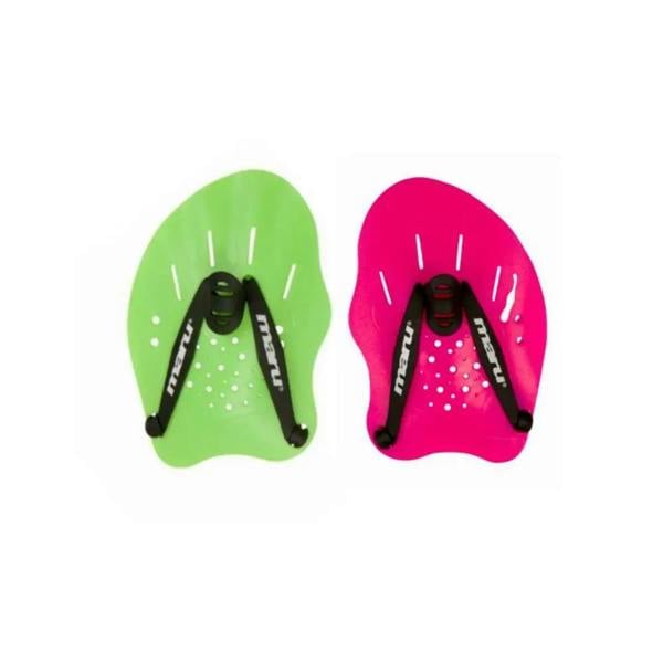 Maru Hand Paddles: neon green and pink lightweight polypropylene swim paddles with flow holes and black straps