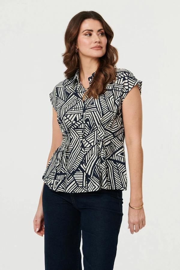 Navy | Geo Print Cap Sleeve Fitted Shirt
