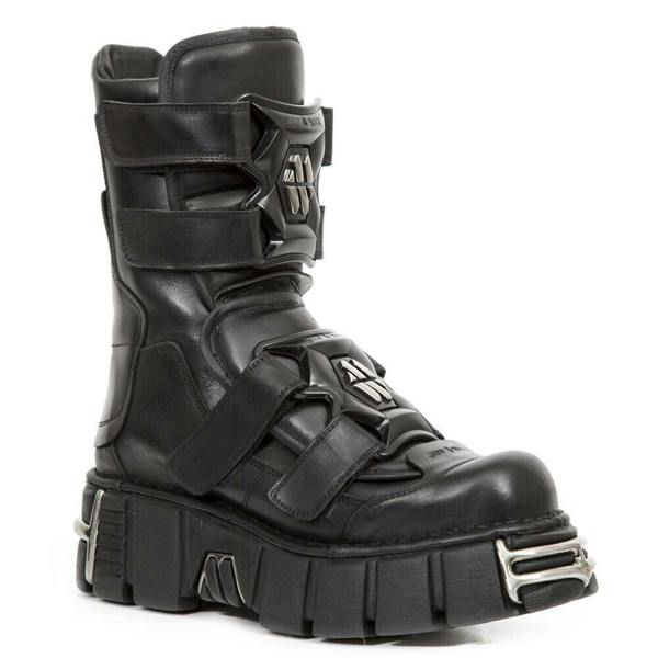 New Rock Punk Mid Calf Black Leather Boots-M-422-S1