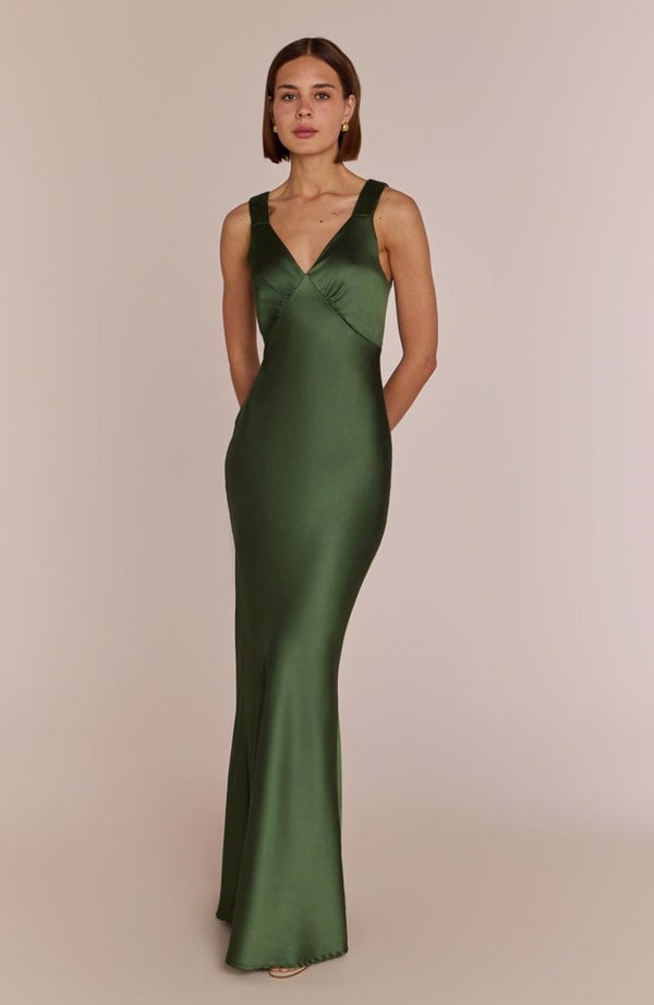 Rewritten London Amelia Dress in Olive Green Satin