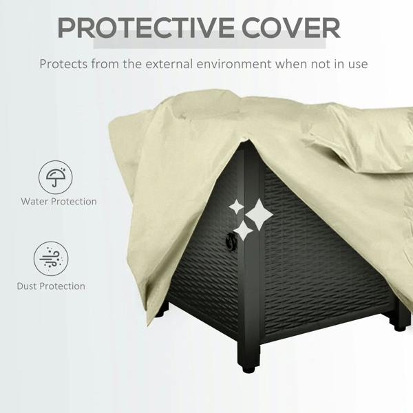 Square black propane fire pit table with protective beige cover on top
