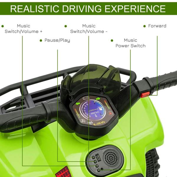 Green quad bike dashboard close-up with steering wheel, control panel, and speaker area