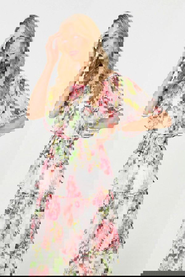 White | Floral Tiered Pleated Midi Dress
