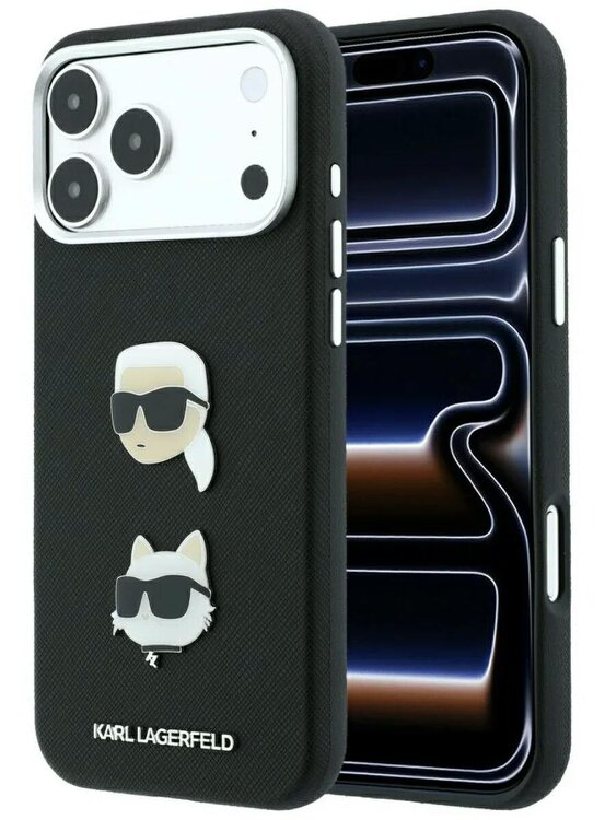 Karl Lagerfeld Saffiano Karl & Choupette Heads Pins Logo Case for iPhone 17/18 Pro Max 6.9" Black - KLHCP18XPSWFDHPK