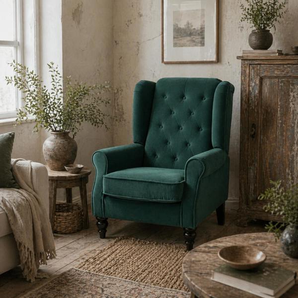 Wyld Haus Dona Green Retro Wingback Accent Armchair With Diamond Button Tufted Upholstery