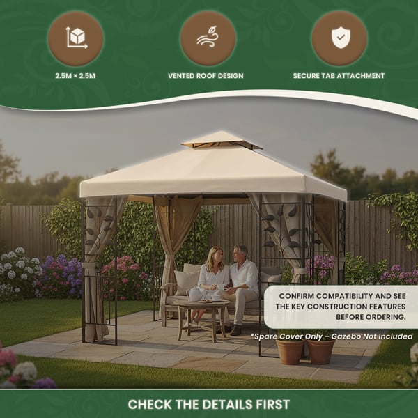 Spare Roof Cover for Leaf Design 3m Square Garden Gazebo, Beige 180g Fade Resistant Polyester Canopy with Wind Vent