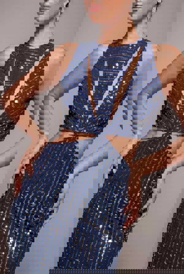 Patterned Sequin Cut Out Midi Dress - Navy DR3756