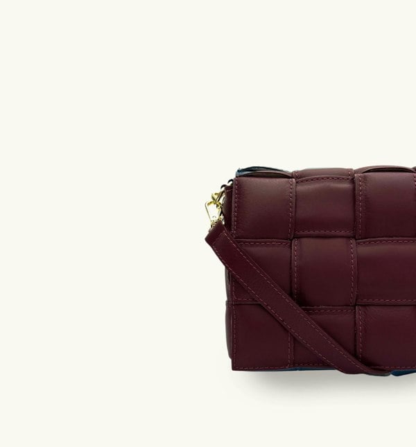 Apatchy London Padded Woven Leather Crossbody Bag with Gold Chain Strap - Burgundy