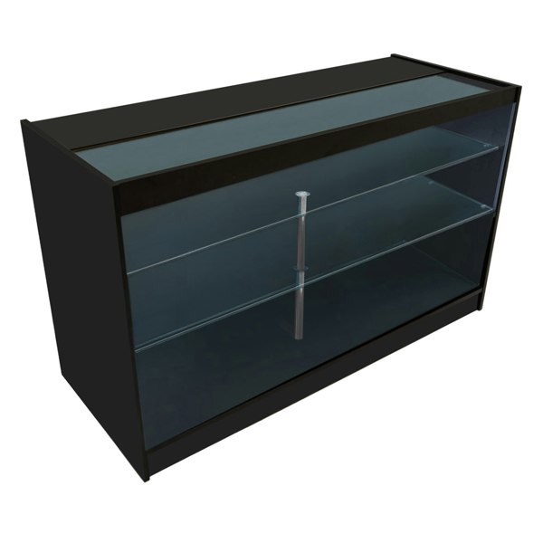 Triton LED shop counter set in sleek black, featuring glass shelves and a modern design, ideal for retail displays and organization