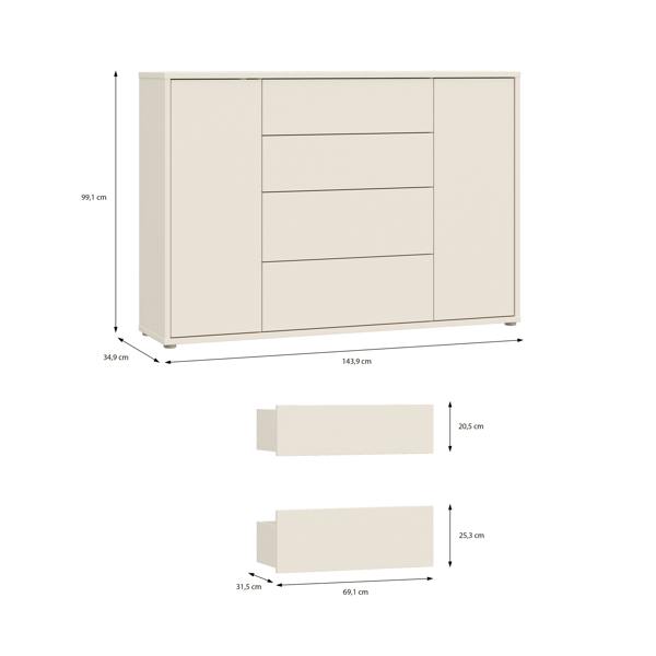 Furniture To Go Alice Springs Wide Sideboard with 4 Drawers & 2 Doors with Push-to-Open in Sand