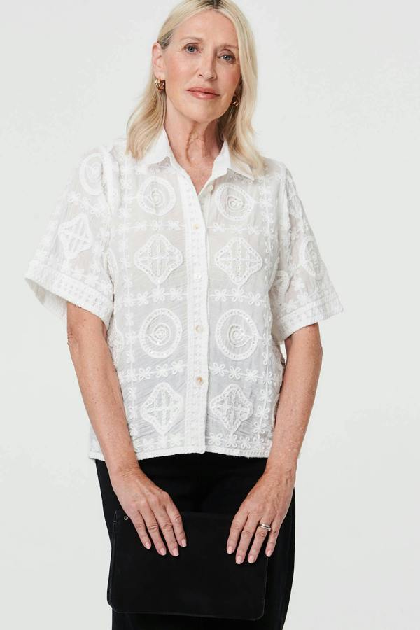 White | Sparkly Embroidered Texture Shirt