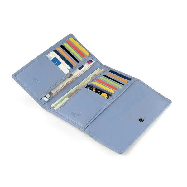 Blue wallet with multiple card slots on a white background
