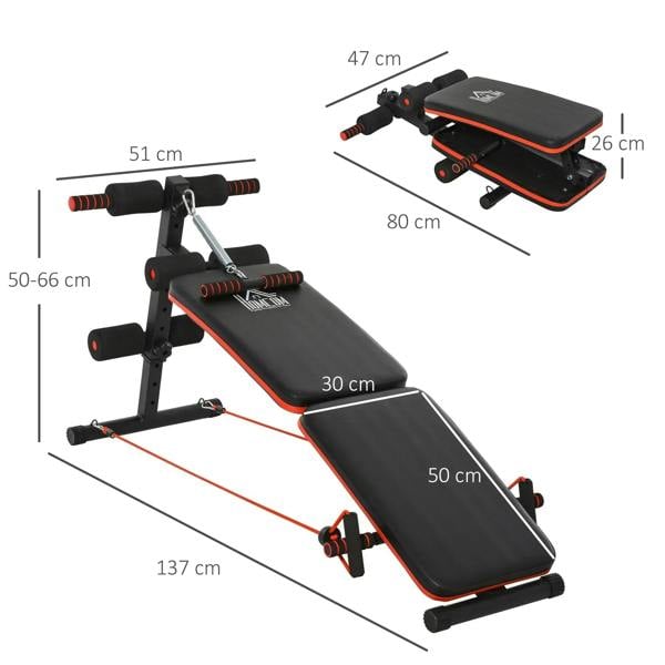 Adjustable sit-up bench with padded backrest and thigh supports, shown with size markings
