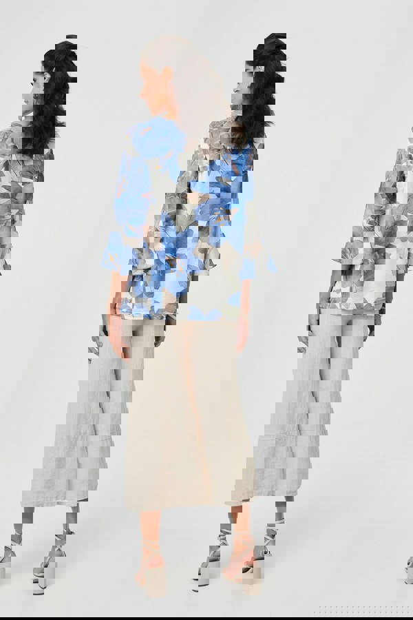 Blue | Floral 3/4 Flared Sleeve Relaxed Blouse
