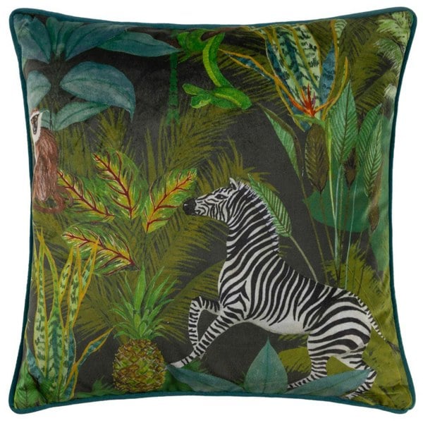 Wylder Aranya Zebra Velvet Jungle Piped Cushion Cover - Jungle Green