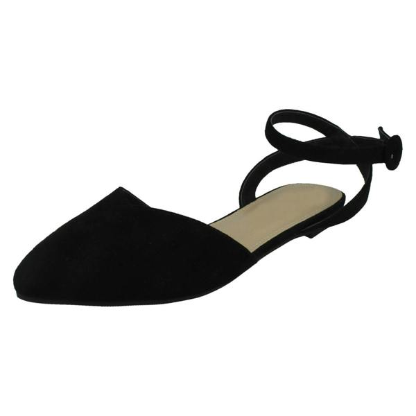 Spot On Ladies Spot On Flat Pointed Toe Ankle Strap Shoes F80538