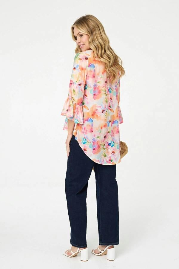 Pink | Floral 3/4 Flare Sleeve Relaxed Blouse