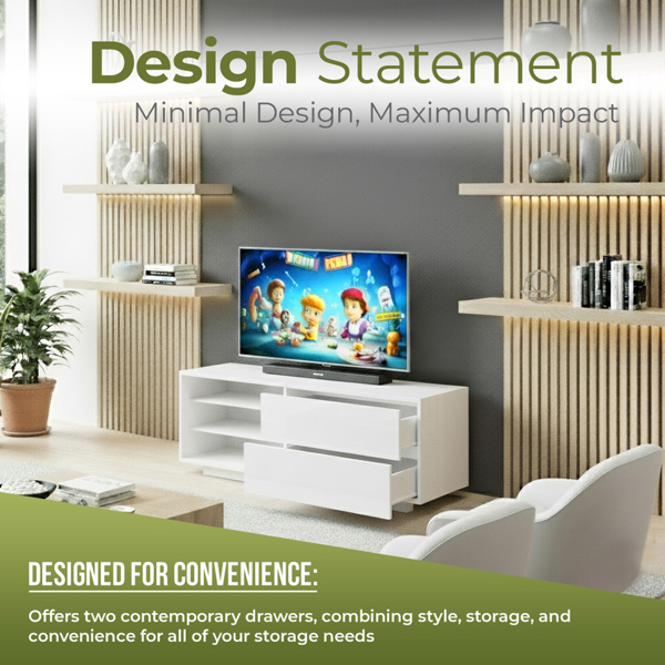 Centurion Supports Gallus Gloss White TV Stand with 2 Drawers and 3-Shelves Modern Entertainment Unit for TVs up to 55 Inch