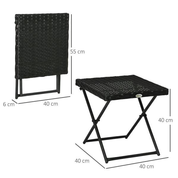 Black square wicker rattan folding side table with woven surface and folding frame