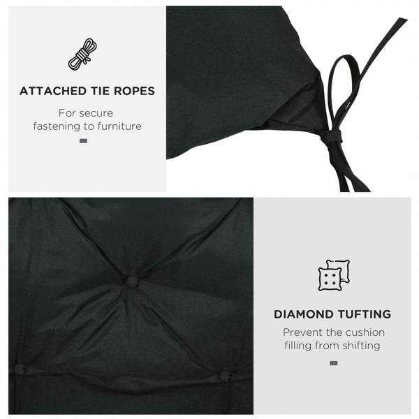 Black bench cushion pad corner with attached tie ropes and diamond tufted stitching