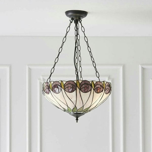 Tiffany Glass 3 Light Pendant - Mackintosh Style Rose - Dark Bronze Finish Loops