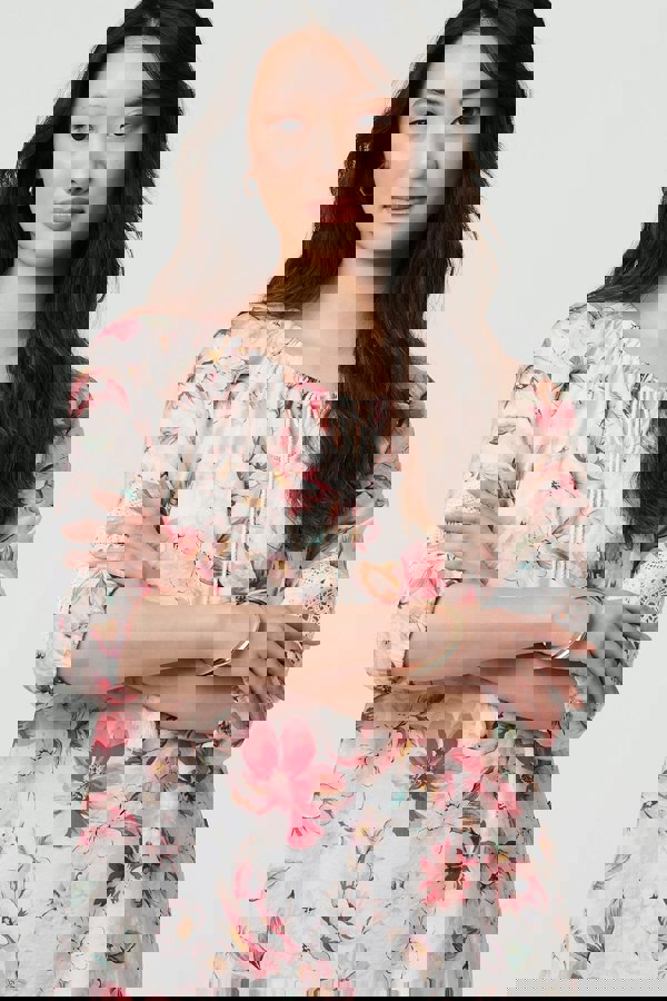 Pink | Floral Lace Trim Bardot Neck Blouse
