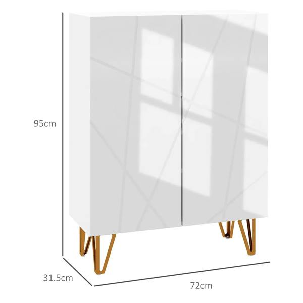 White narrow shoe cabinet with two doors and four gold legs