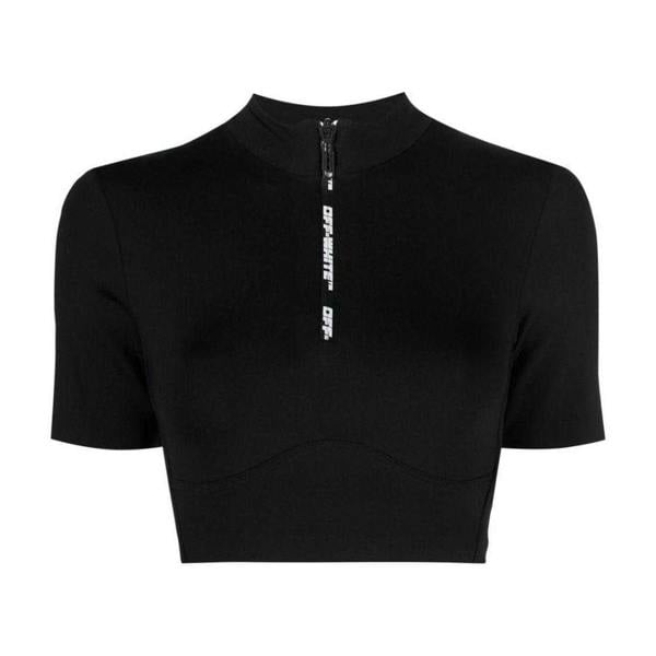 Off-White Womens/Ladies Logo Half Zip Crop T-Shirt - Black - 