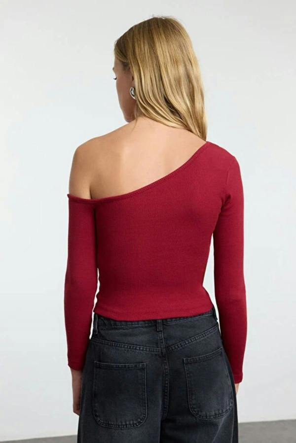 WOVCOR Fitted Asymmetric Collar Ribbed Knit Blouse