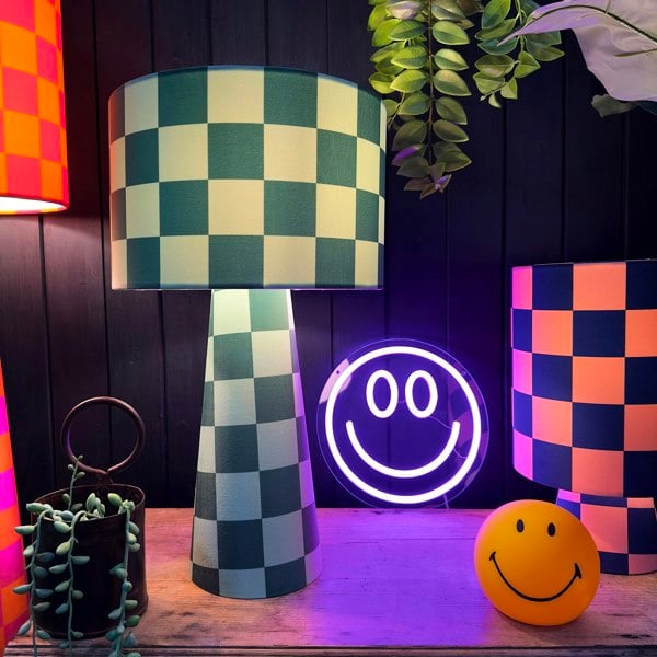 Handmade Checkerboard Velvet lamps in Apple Sours. Green checkerboard lamp, The Midi