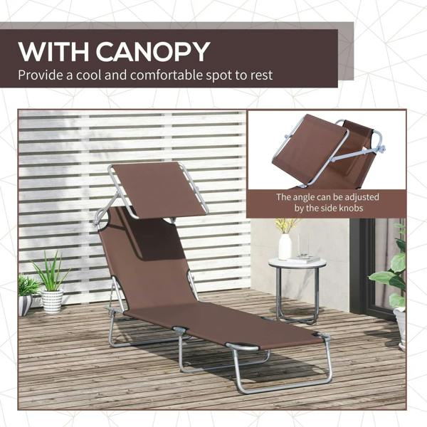 Brown adjustable sun lounger with canopy and side knobs for backrest angle