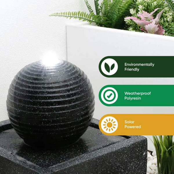 Gardenwize Solar Powered Black Granite-Finish Water Feature with LED Light & Battery Backup