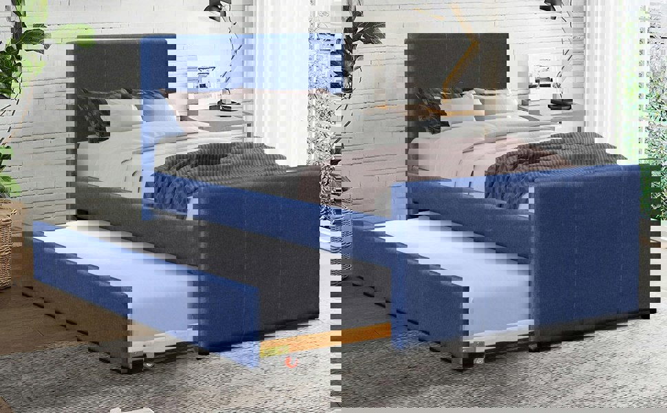 Comfy Living 3ft Single Fabric Bed Frame With Trundle Bed in Grey Pink Brown Or Denim