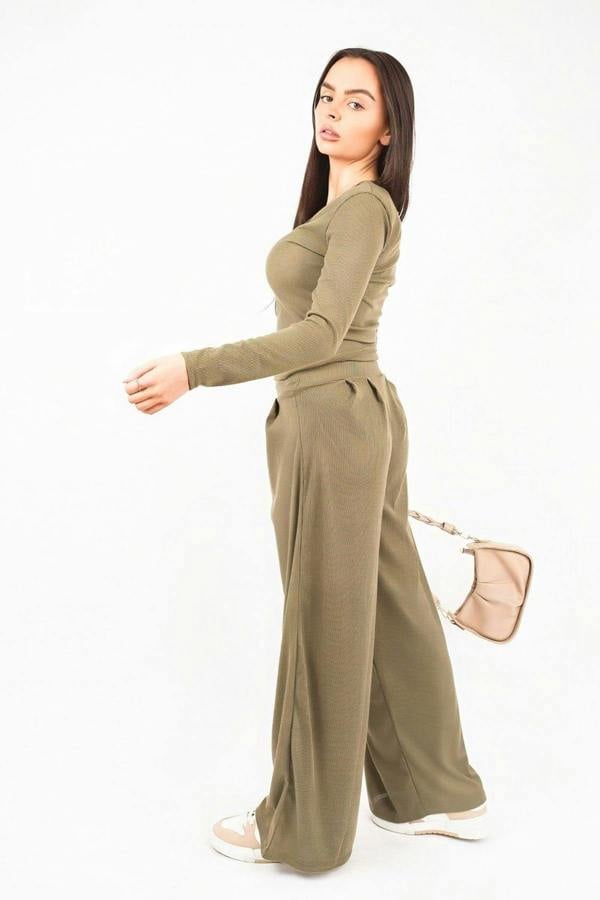 ikrush Enaya V Neck Long Sleeve Ribbed Top & Wide Leg Trousers Co-ord Set