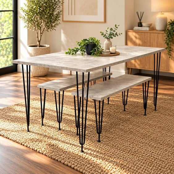 Kosy Koala Modern Grey Dining Table with 2 Benches Dining Room Furniture