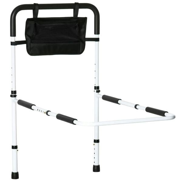 Height-adjustable bed assist rail, white frame with black storage pocket and grab bar