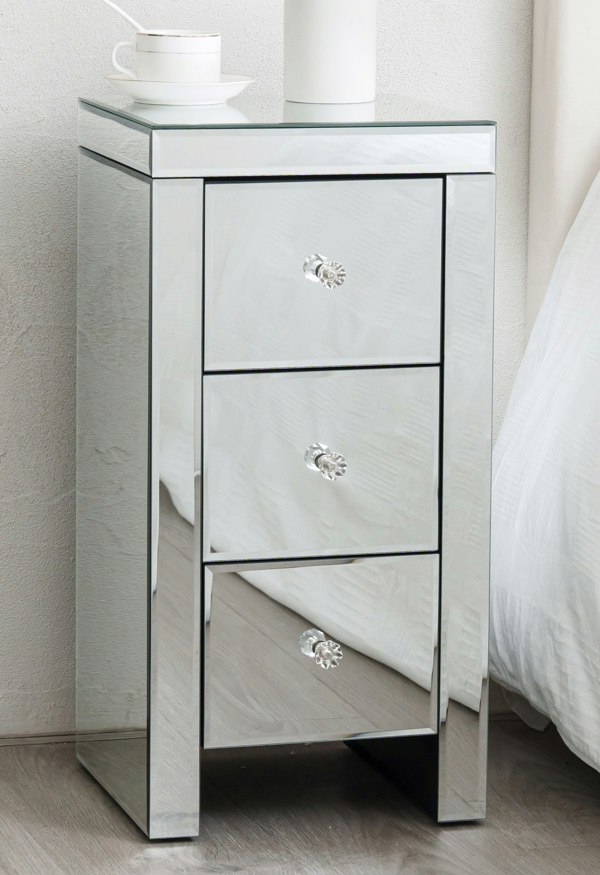 Comfy Living Small Mirrored Bedside Table with 3 Drawers Crystal Handles Bedroom Furniture